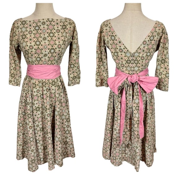 True Vintage Jeanne D’Arc 50s 60s Fit and Flare Geometric Patterned Day Dress - Picture 16 of 16